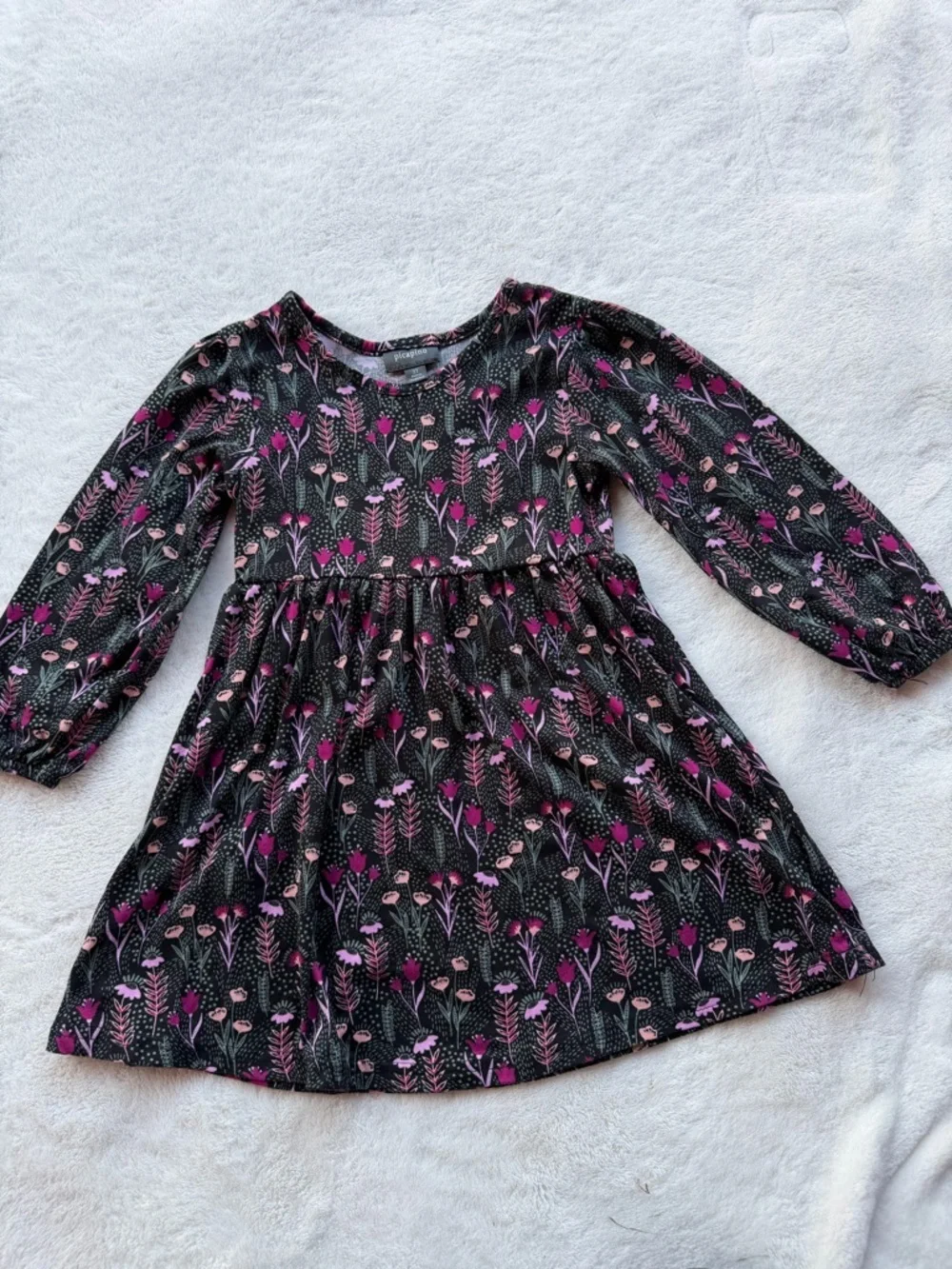Girls' Black Floral Long-Sleeve Casual Dress with Pink Accents Size 3T